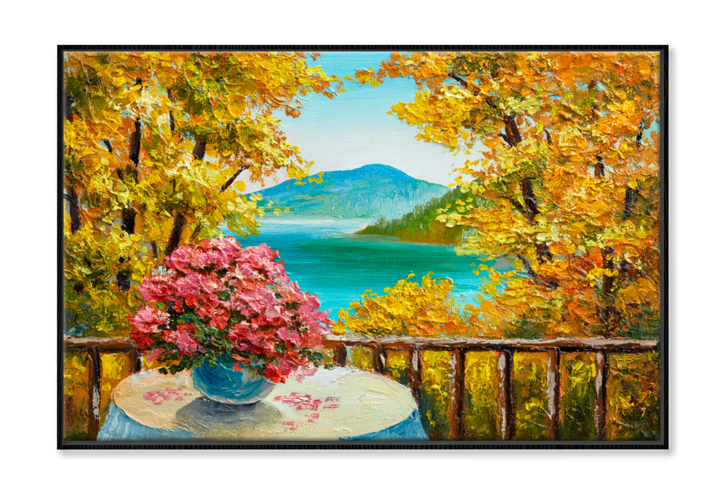 Colorful Autumn Forest, Mountain Lake Oil Painting Limited Edition High Quality Print Canvas Box Framed Black