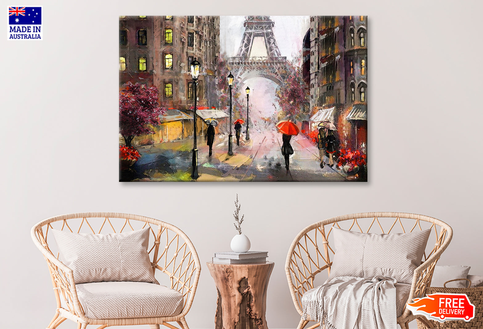 Eiffel Tower & People Under Red Umbrella Oil Painting Wall Art Limited Edition High Quality Print