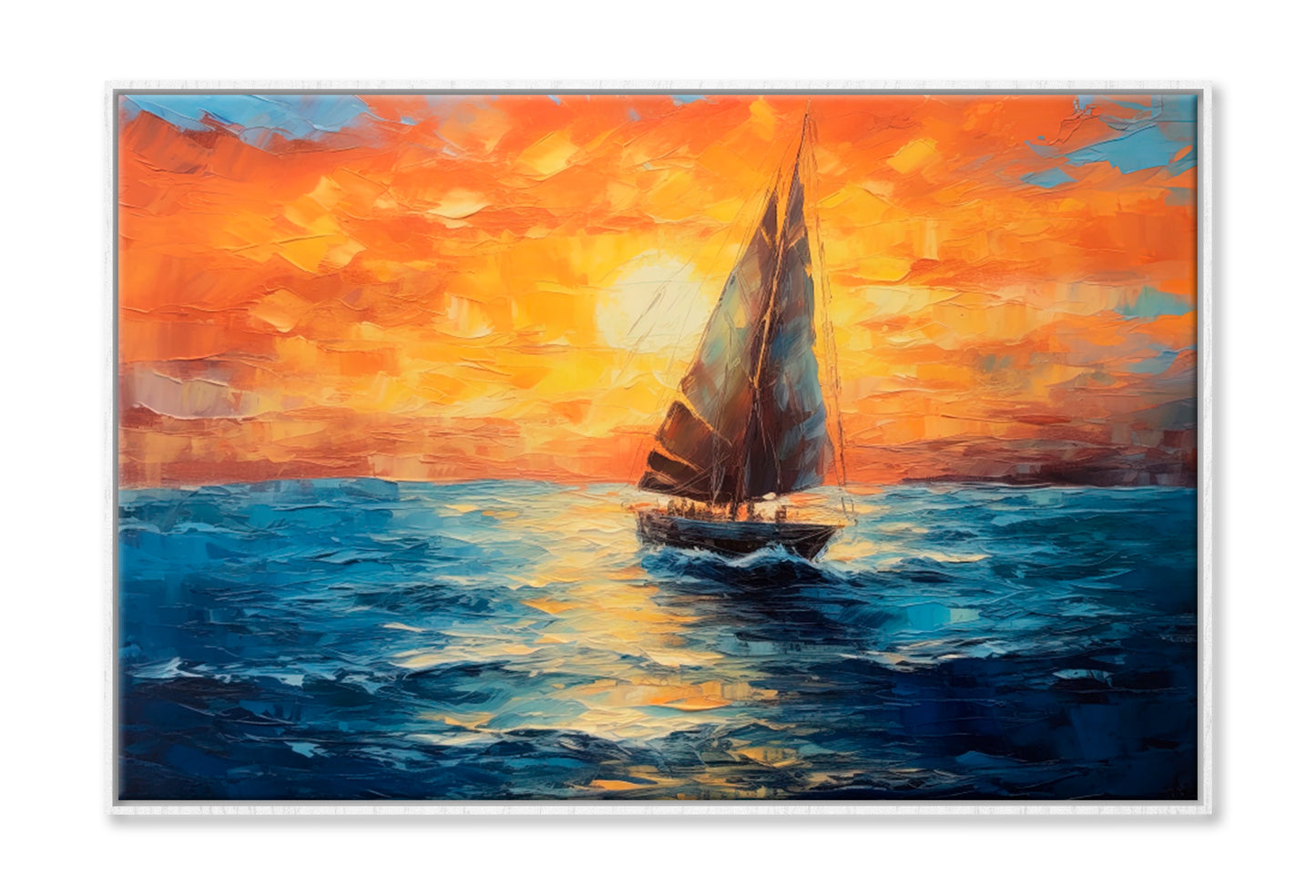 Sailboat Boat at Sunset On The Ocean Oil Painting Wall Art Limited Edition High Quality Print Canvas Box Framed White