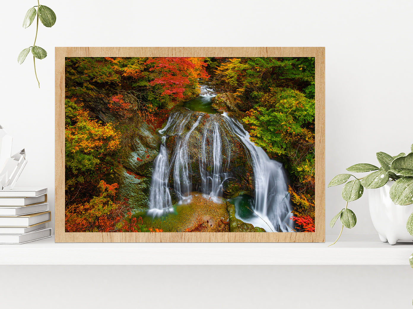 Waterfall Among Foliage Autumn Glass Framed Wall Art, Ready to Hang Quality Print Without White Border Oak