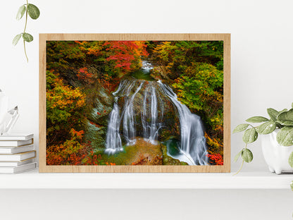 Waterfall Among Foliage Autumn Glass Framed Wall Art, Ready to Hang Quality Print Without White Border Oak