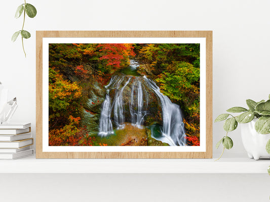 Waterfall Among Foliage Autumn Glass Framed Wall Art, Ready to Hang Quality Print With White Border Oak
