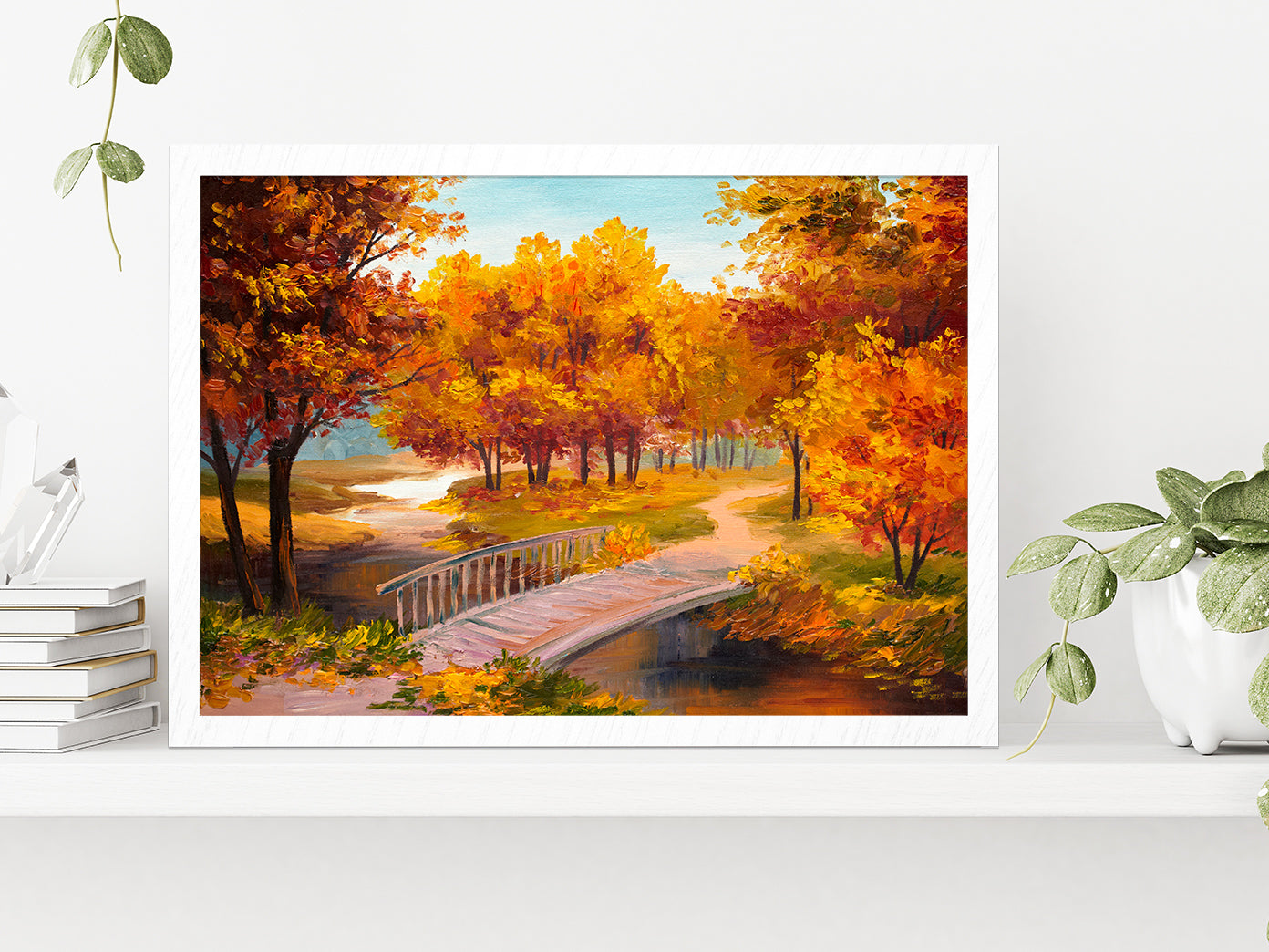 Autumn Forest With A River & Bridge Over The River Painting Glass Framed Wall Art, Ready to Hang Quality Print Without White Border White