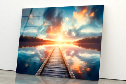 Wooden Pier Over a Calm Lake During Sunrise  Acrylic Glass Print Tempered Glass Wall Art 100% Made in Australia Ready to Hang