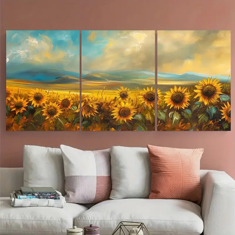 3pcs Sunflower Field with Autumn Backdrop Metal Print Ready to Hang Art