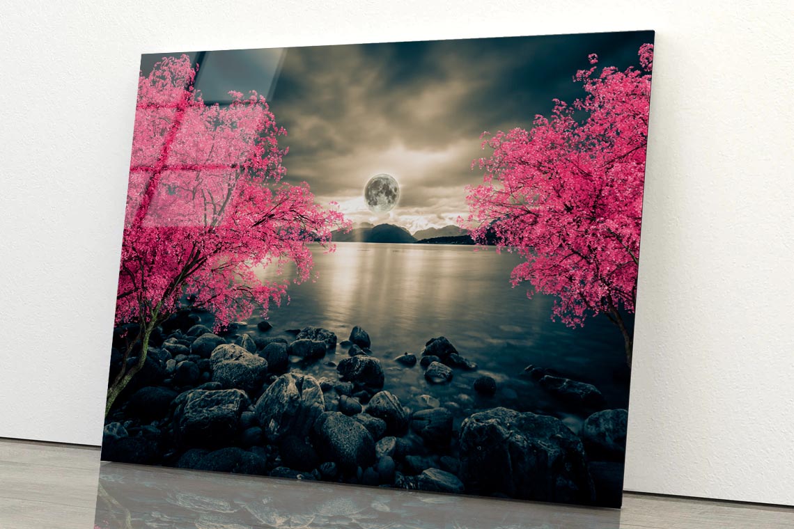 Moon With Red Tree Acrylic Glass Print Tempered Glass Wall Art 100% Made in Australia Ready to Hang