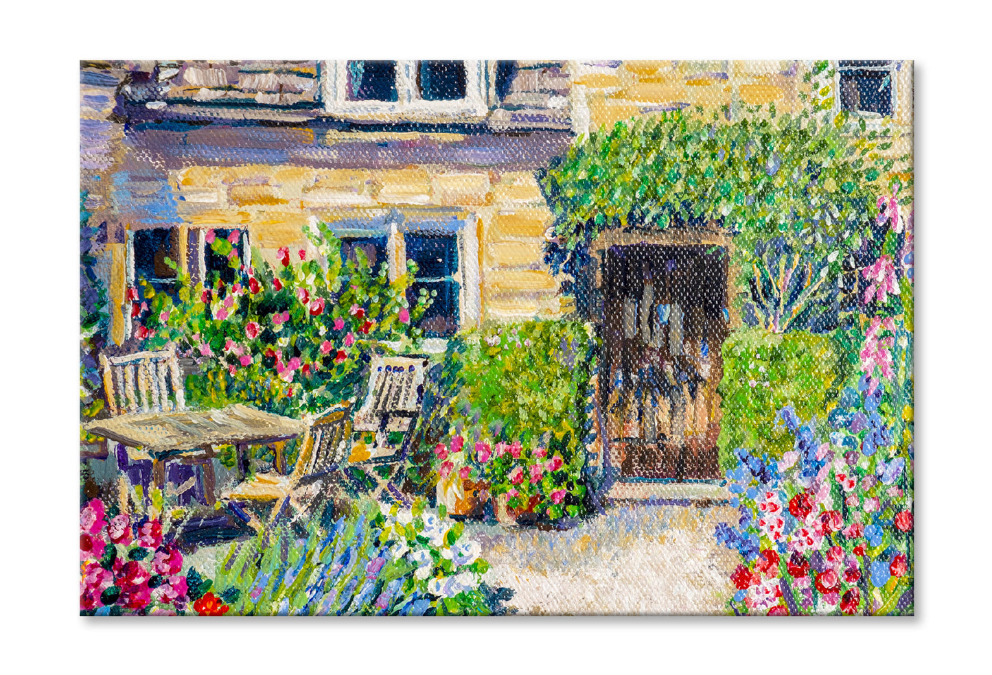 Patio Garden Table with Plants Oil Painting Wall Art Limited Edition High Quality Print Stretched Canvas None