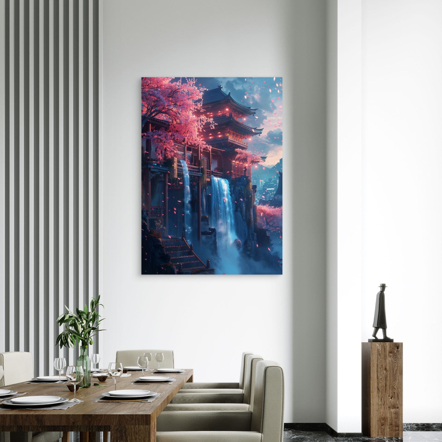 Japanese Pagoda Waterfall Night 60x90cm Metal Print Ready to Hang