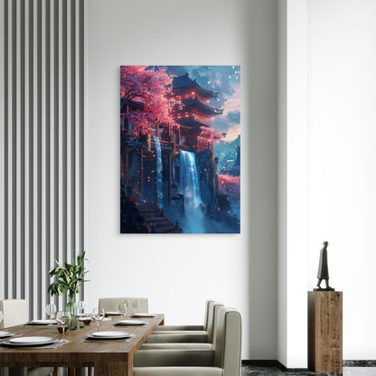 Japanese Pagoda Waterfall Night 60x90cm Metal Print Ready to Hang
