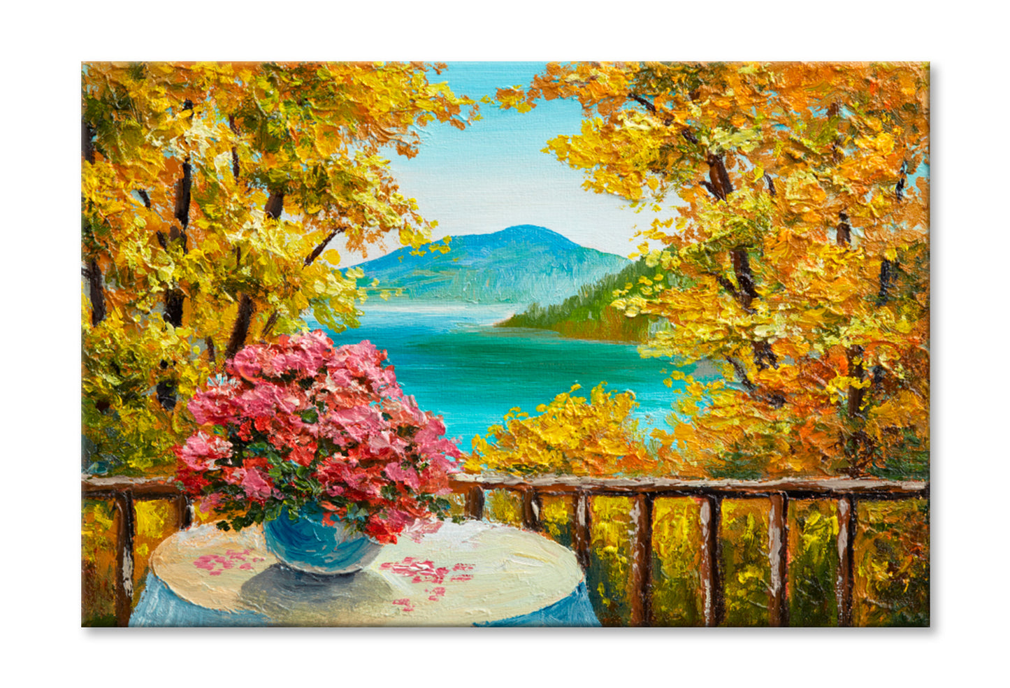 Colorful Autumn Forest, Mountain Lake Oil Painting Limited Edition High Quality Print Stretched Canvas None