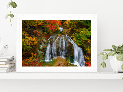 Waterfall Among Foliage Autumn Glass Framed Wall Art, Ready to Hang Quality Print With White Border White