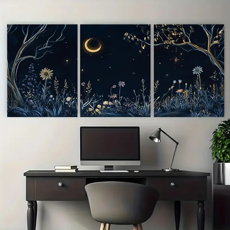 3pcs Mystical Floral Nightscape Moon Metal Print Ready to Hang Art