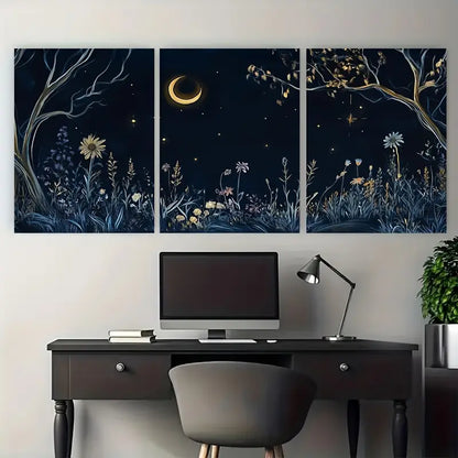 3pcs Mystical Floral Nightscape Moon Metal Print Ready to Hang Art