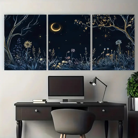 3pcs Mystical Floral Nightscape Moon Metal Print Ready to Hang Art