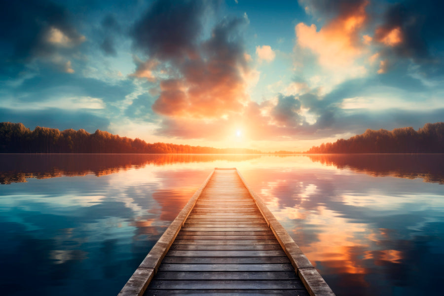 Wooden Pier Over a Calm Lake During Sunrise  Acrylic Glass Print Tempered Glass Wall Art 100% Made in Australia Ready to Hang