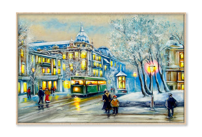 Old City & Tram Winter Oil Painting Wall Art Limited Edition High Quality Print Canvas Box Framed Natural