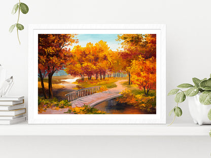 Autumn Forest With A River & Bridge Over The River Painting Glass Framed Wall Art, Ready to Hang Quality Print With White Border White