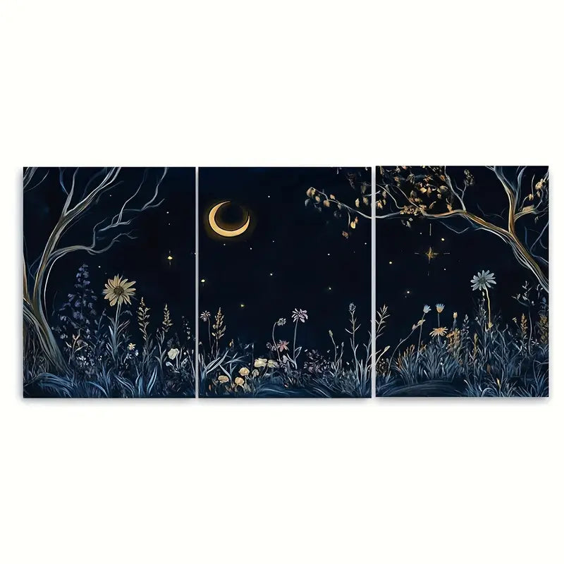 3pcs Mystical Floral Nightscape Moon Metal Print Ready to Hang Art