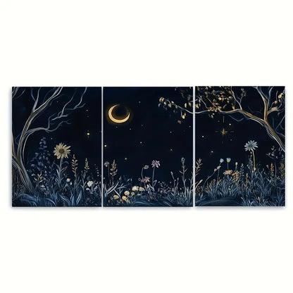 3pcs Mystical Floral Nightscape Moon Metal Print Ready to Hang Art