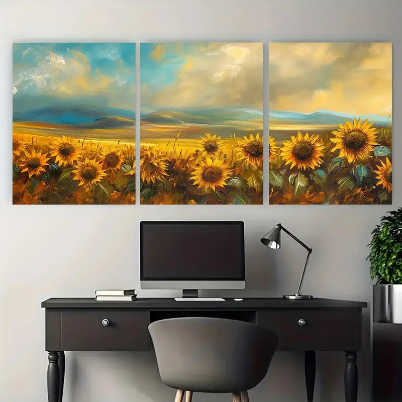 3pcs Sunflower Field with Autumn Backdrop Metal Print Ready to Hang Art