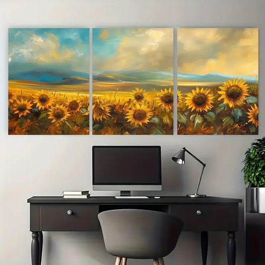 3pcs Sunflower Field with Autumn Backdrop Metal Print Ready to Hang Art
