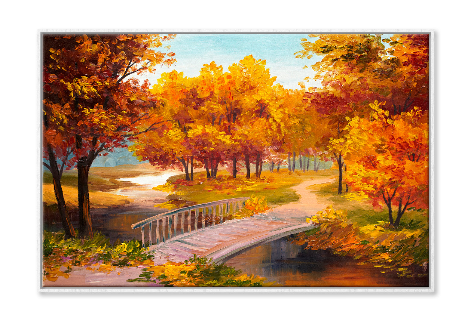 Autumn Forest With A River & Bridge Over The River Painting Wall Art Limited Edition High Quality Print Canvas Box Framed White