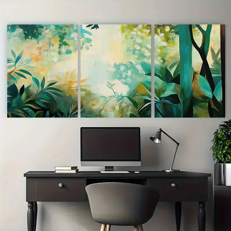3pcs Lush Abstract Forest Scene Green Metal Print Ready to Hang Art