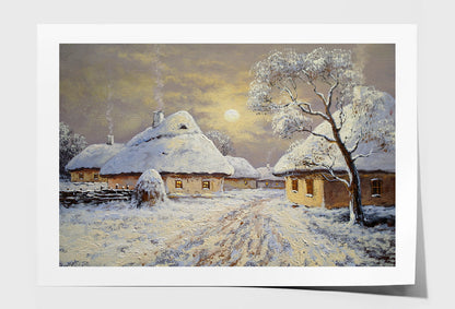 Winter Village Houses & Night Moon Sky Painting Wall Art Limited Edition High Quality Print Unframed Roll Canvas None