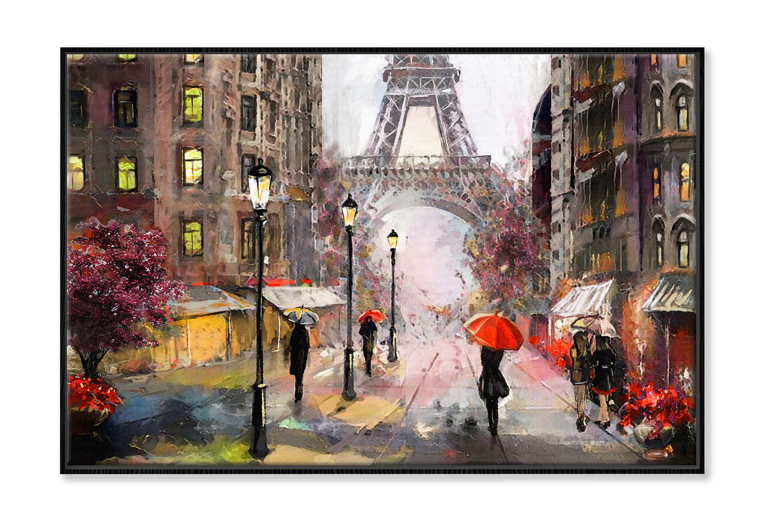 Eiffel Tower & People Under Red Umbrella Oil Painting Wall Art Limited Edition High Quality Print Canvas Box Framed Black