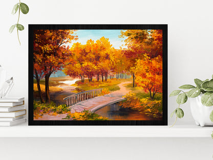 Autumn Forest With A River & Bridge Over The River Painting Glass Framed Wall Art, Ready to Hang Quality Print Without White Border Black