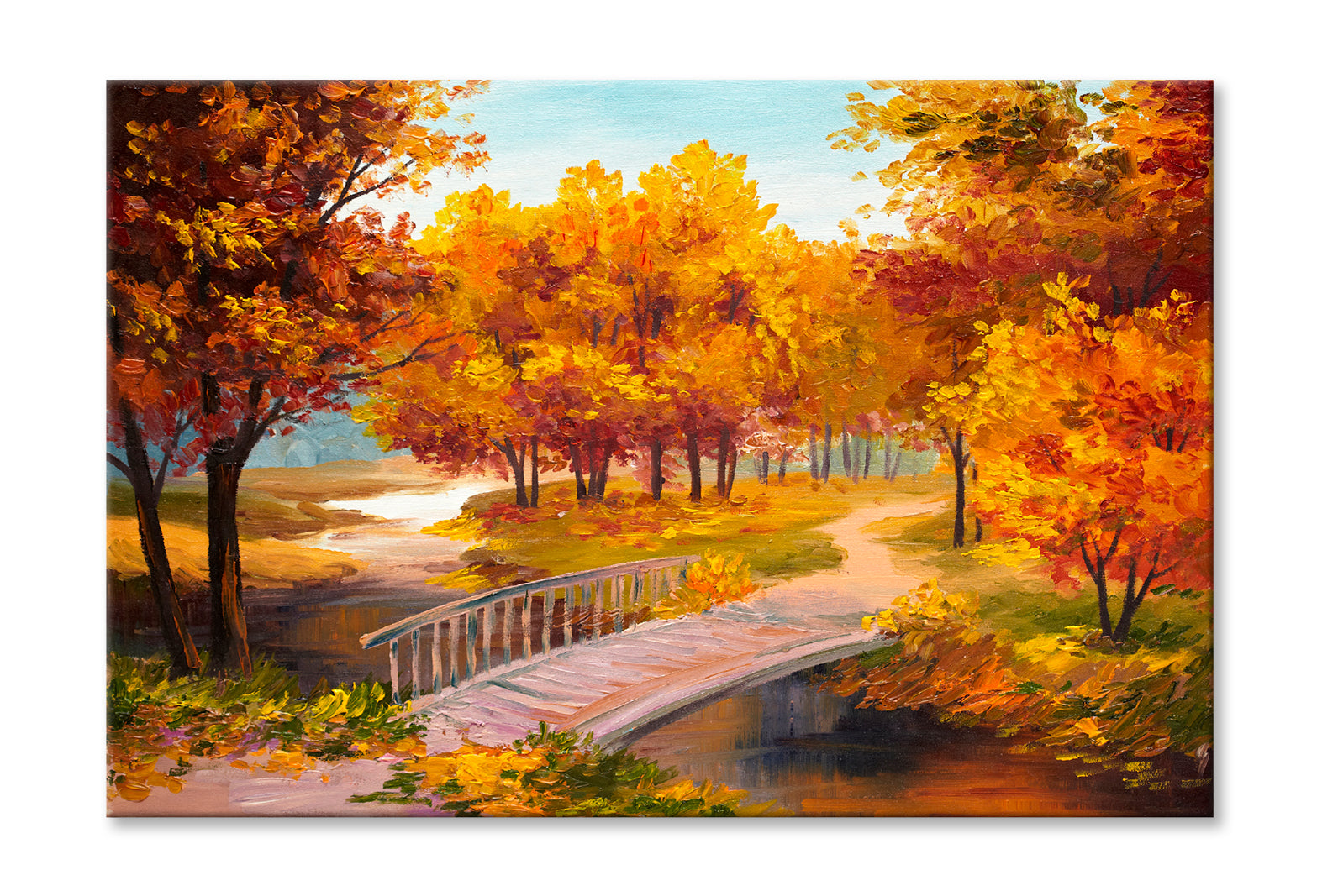 Autumn Forest With A River & Bridge Over The River Painting Wall Art Limited Edition High Quality Print Stretched Canvas None