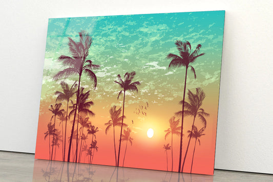 Sky and Palm Trees with Sunset Acrylic Glass Print Tempered Glass Wall Art 100% Made in Australia Ready to Hang