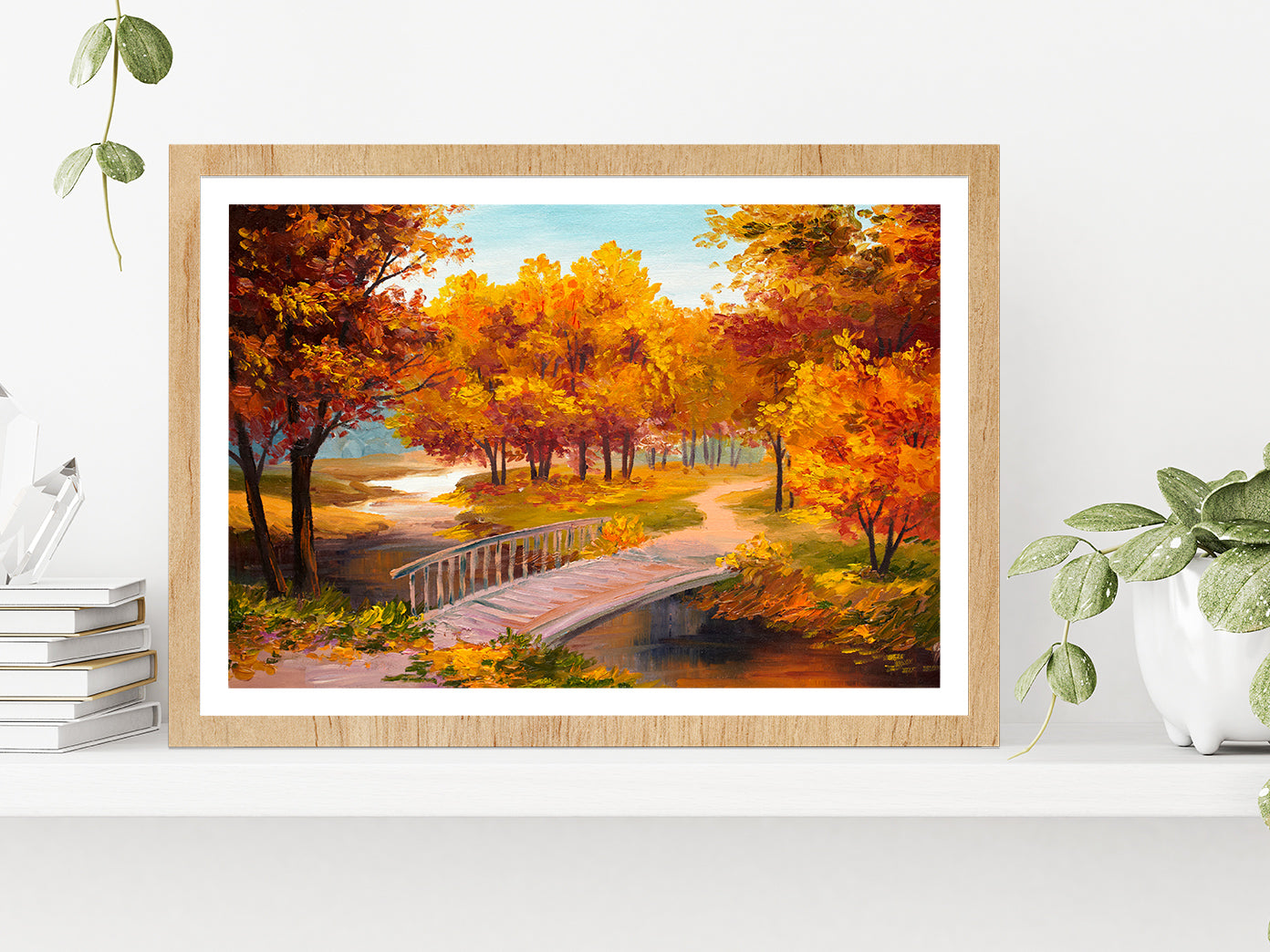 Autumn Forest With A River & Bridge Over The River Painting Glass Framed Wall Art, Ready to Hang Quality Print With White Border Oak