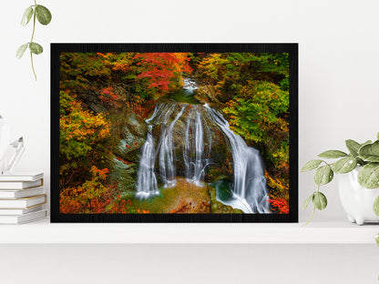 Waterfall Among Foliage Autumn Glass Framed Wall Art, Ready to Hang Quality Print Without White Border Black