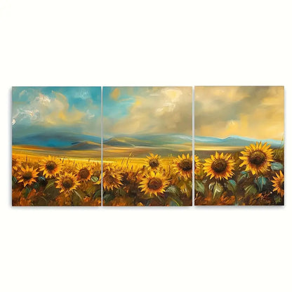 3pcs Sunflower Field with Autumn Backdrop Metal Print Ready to Hang Art