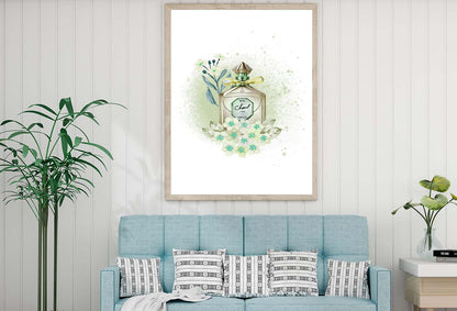 Green Colored Perfume with Flowers Design Home Decor Premium Quality Poster Print Choose Your Sizes