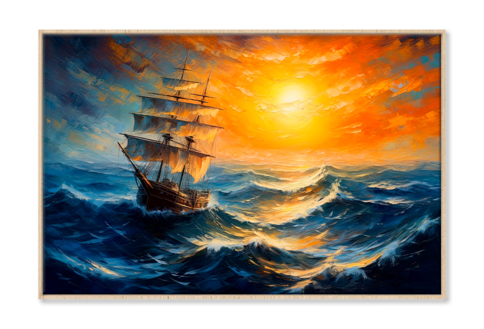 Sailboat Boat at Sunset On The Ocean Oil Painting Wall Art Limited Edition High Quality Print Canvas Box Framed Natural