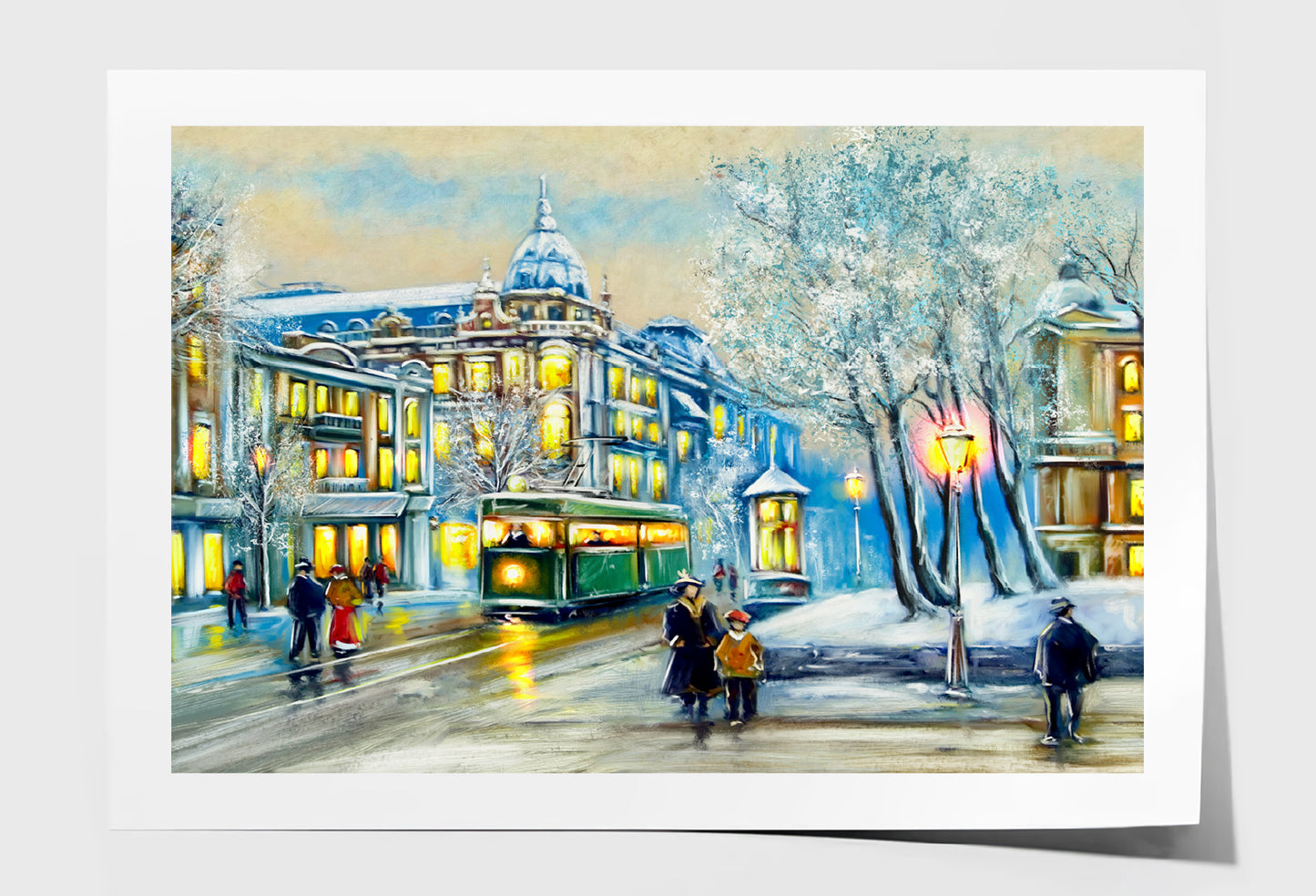 Old City & Tram Winter Oil Painting Wall Art Limited Edition High Quality Print Unframed Roll Canvas None