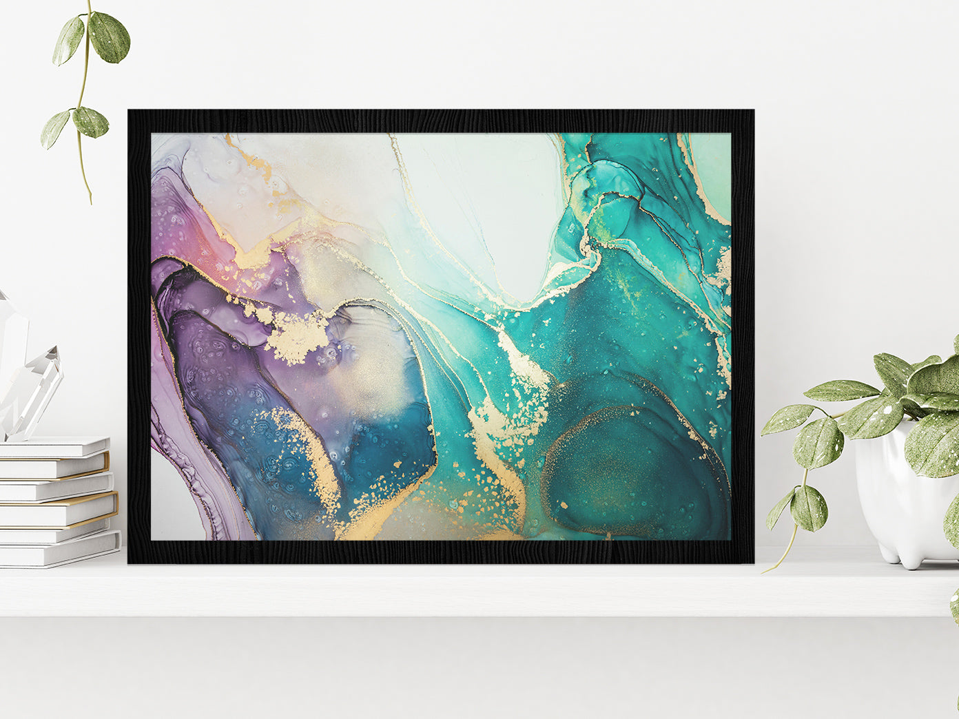 Blue Pink Gold Abstract Fluid Art Glass Framed Wall Art, Ready to Hang Quality Print Without White Border Black