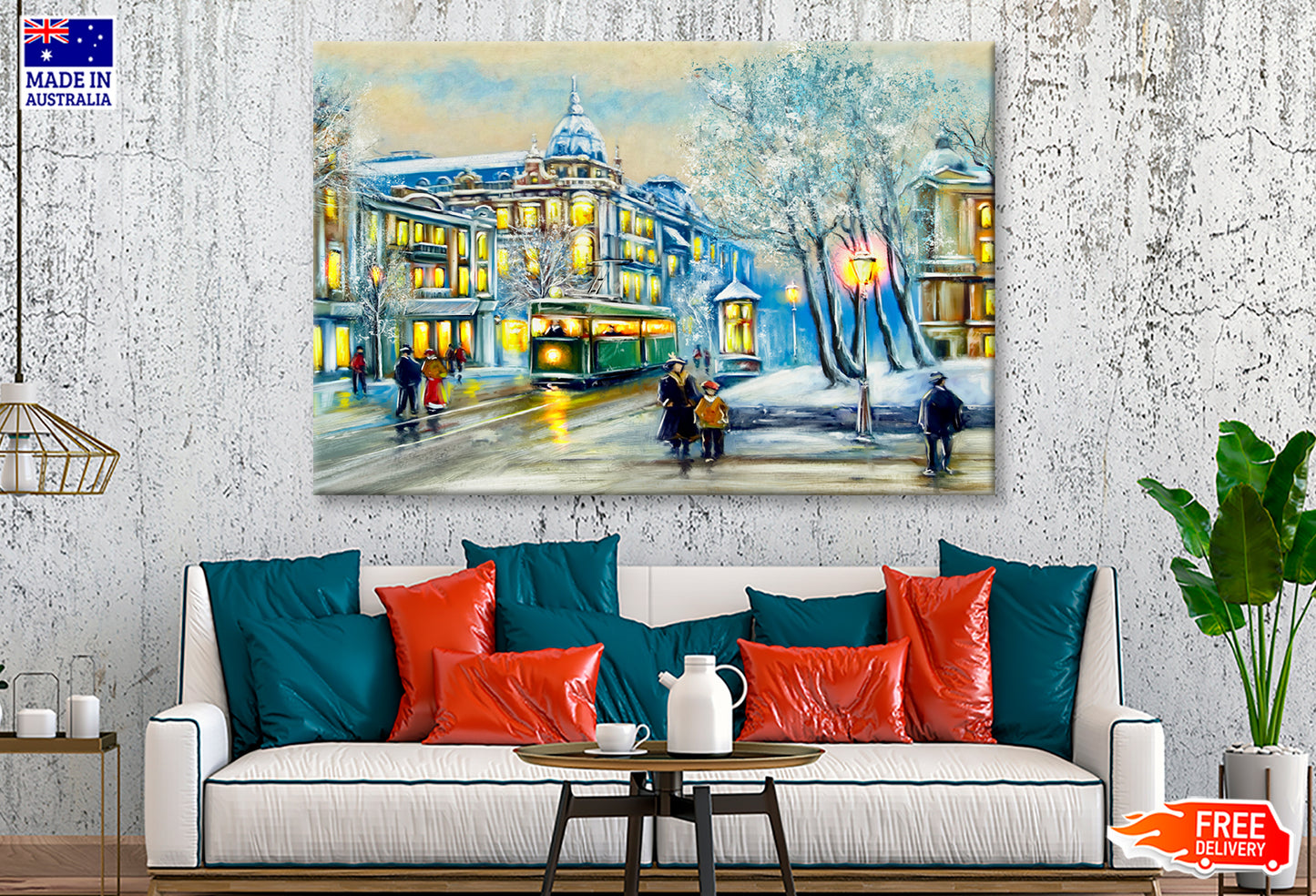 Old City & Tram Winter Oil Painting Wall Art Limited Edition High Quality Print