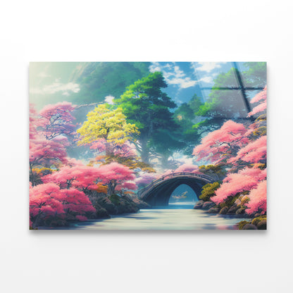 Pink Cherry Trees, Bridge Acrylic Glass Print Tempered Glass Wall Art 100% Made in Australia Ready to Hang