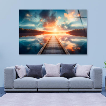 Wooden Pier Over a Calm Lake During Sunrise  Acrylic Glass Print Tempered Glass Wall Art 100% Made in Australia Ready to Hang