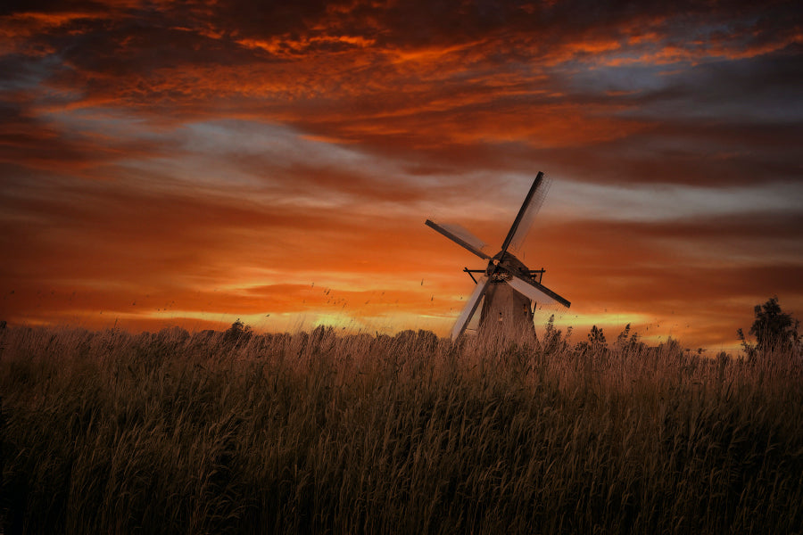 Old Windmills in Kinder Dijk at Dramatic Sunset, Netherland Wall Art Decor 100% Australian Made