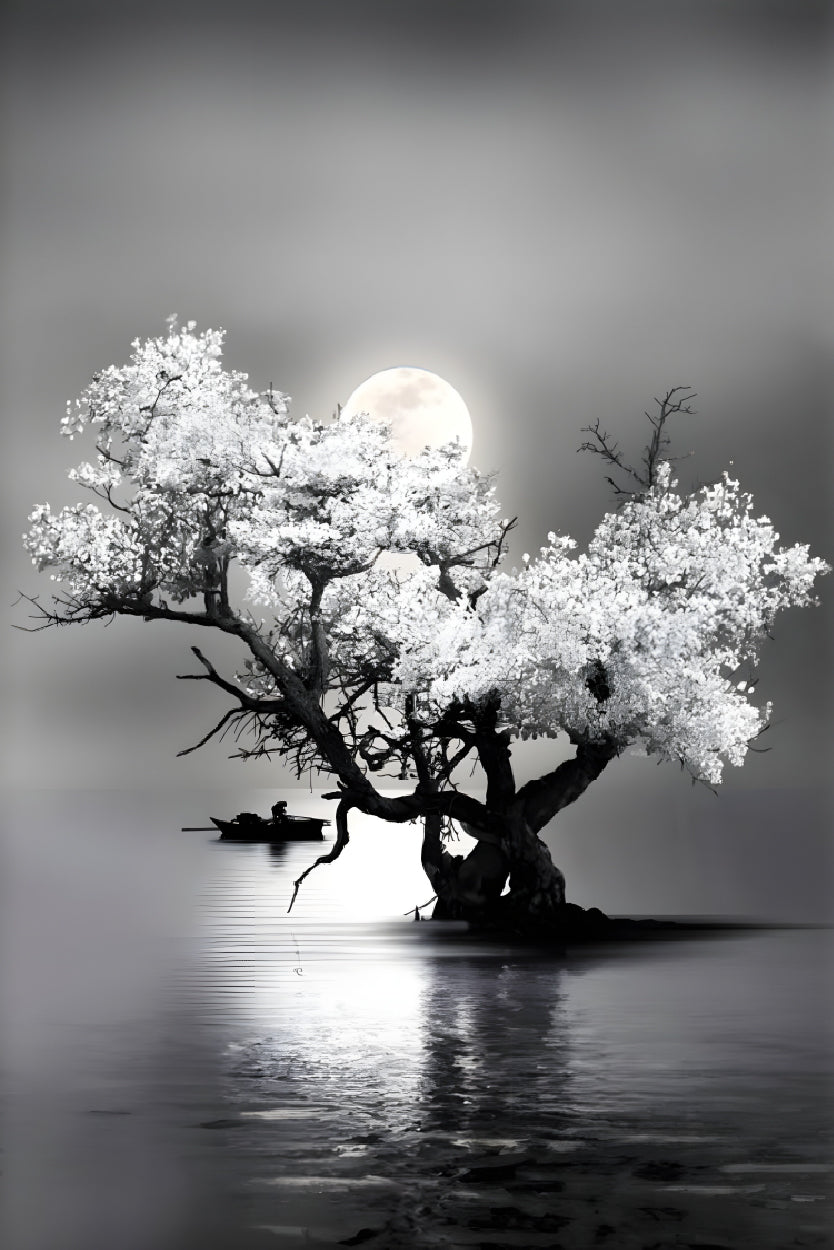 Bella Home Amazing Night View of Tree on Lake with Full Moon Print Canvas Ready to hang