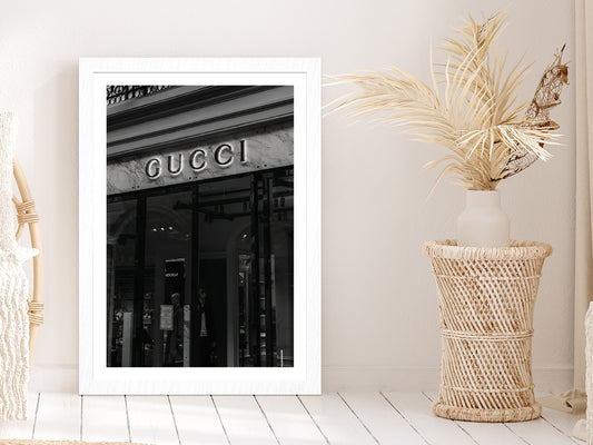 Fashion Store Front B&W Photograph Glass Framed Wall Art, Ready to Hang Quality Print With White Border White