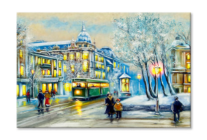 Old City & Tram Winter Oil Painting Wall Art Limited Edition High Quality Print Stretched Canvas None