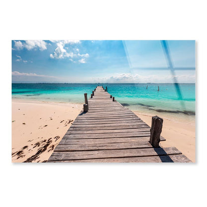 Wooden Pier on Caribbean Beach, Cancun, Isla Mujeres Acrylic Glass Print Tempered Glass Wall Art 100% Made in Australia Ready to Hang