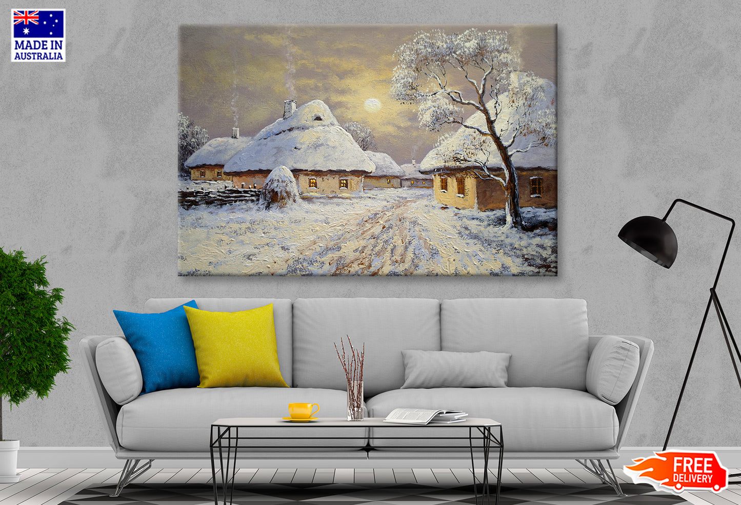 Winter Village Houses & Night Moon Sky Painting Wall Art Limited Edition High Quality Print