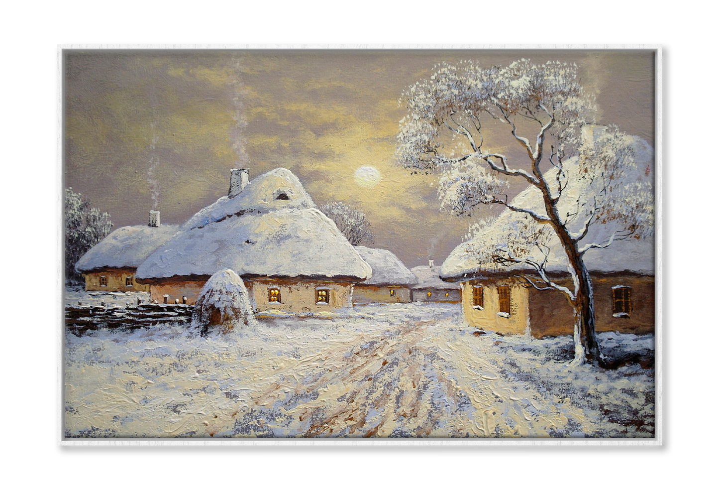 Winter Village Houses & Night Moon Sky Painting Wall Art Limited Edition High Quality Print Canvas Box Framed White