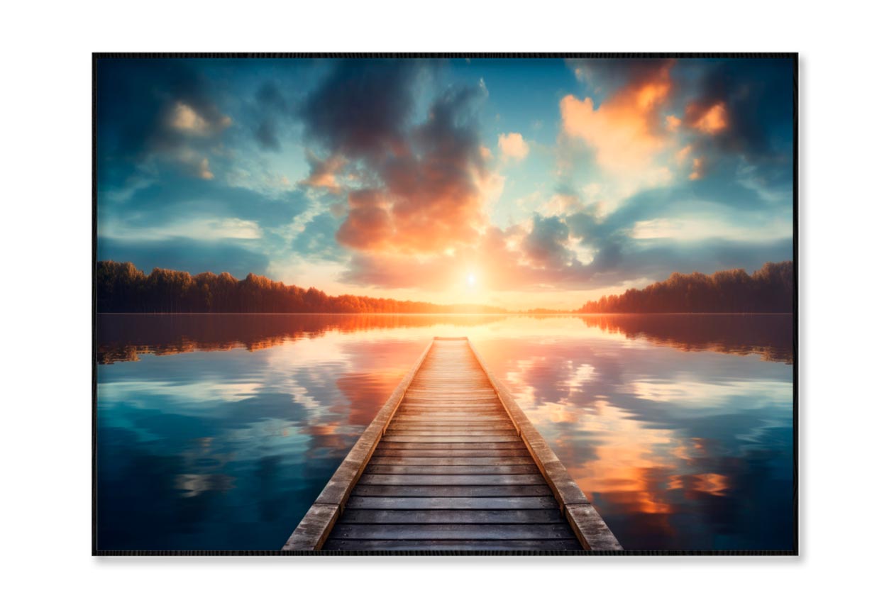 Wooden Pier Over a Calm Lake During Sunrise Home Decor Premium Quality Poster Print Choose Your Sizes